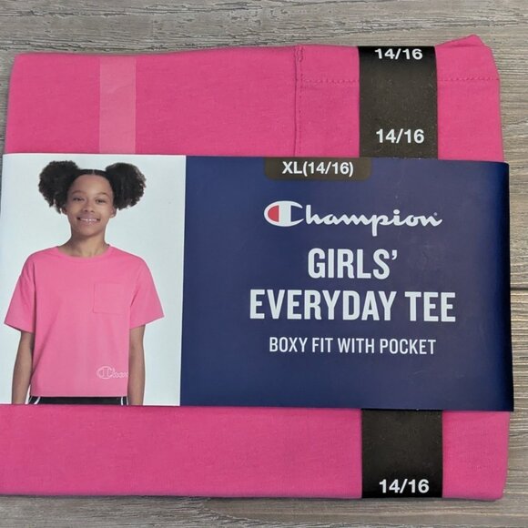 Champion Girl's Everyday Tee Size XL 14/16 Boxy Fit With Pocket Camellia Rose - Picture 2 of 2